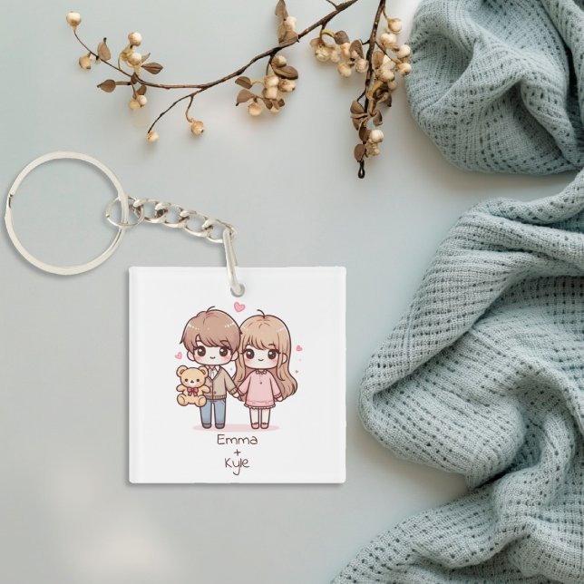 Cute Personalised Chibi-Style Teddy Bear Couple  Key Ring (Cute Personalized Chibi-Style Teddy Bear Couple Keychain)