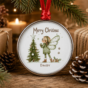 Cute Personalised Christmas Fairy and Tree  Metal Tree Decoration