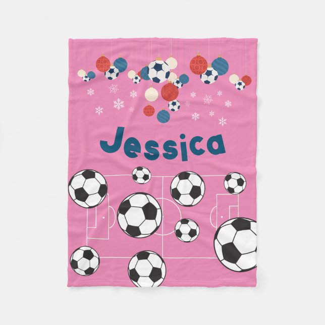 Cute Personalised Christmas Football Soccer Ball Fleece Blanket (Front)