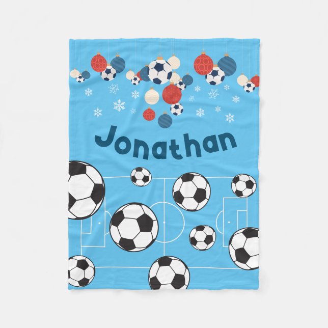 Cute Personalised Christmas Football Soccer Ball Fleece Blanket (Front)