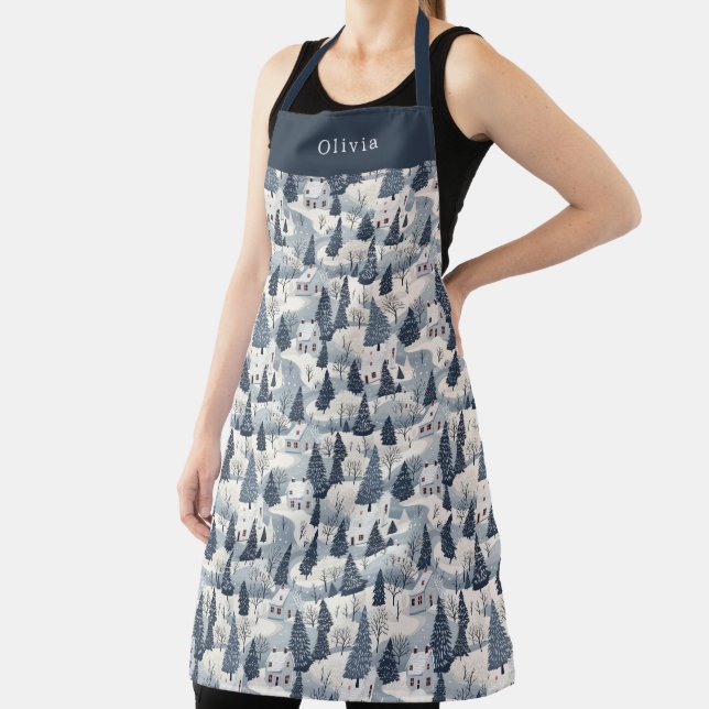 Cute Personalised Christmas Winter Pattern Apron. Apron (Insitu)