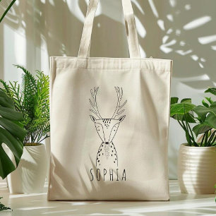 Cute Personalised Deer Kids Black White Tote Bag