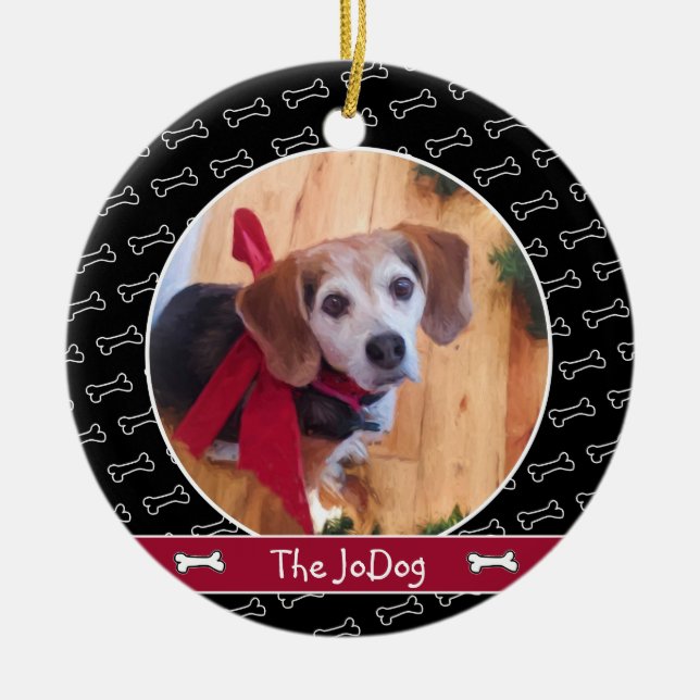 Cute Personalised Dog Photo Dog Bone Pattern Black Ceramic Tree Decoration (Front)