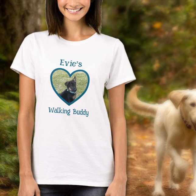 Cute Personalised Dog Walking Buddy Heart Photo T-Shirt (Teal Personalized Dog Walking Buddy Heart Photo T-Shirt
)