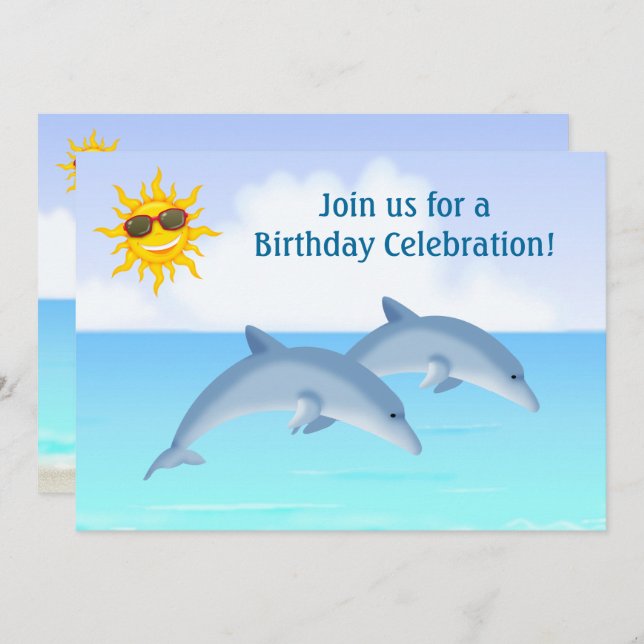 Cute Personalised Dolphins Beach Birthday Invite (Front/Back)