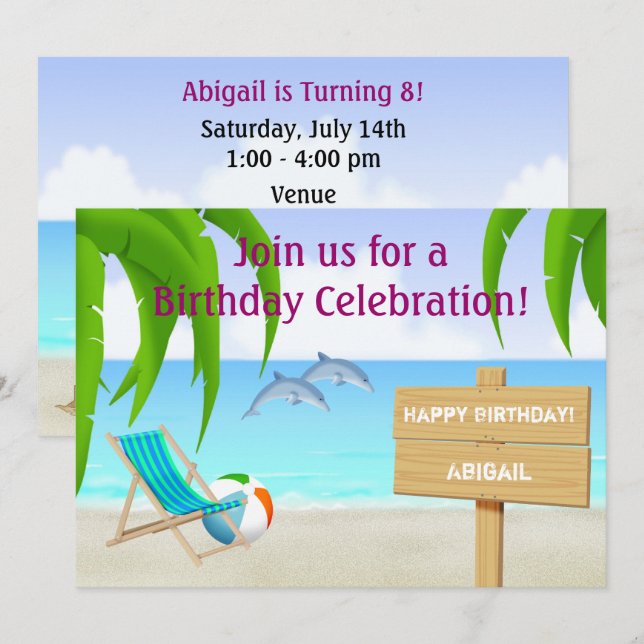 Cute Personalised Dolphins Beach Birthday Party Invitation (Front/Back)