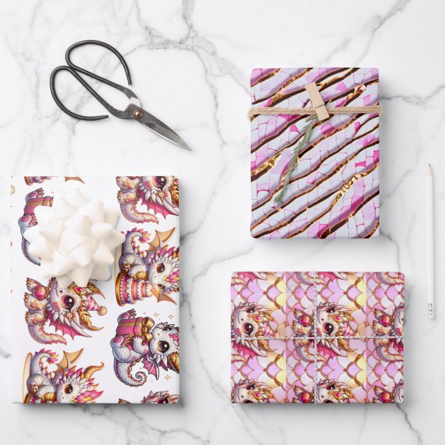 Cute Personalised Dragon Themed Birthday Wrapping Paper Sheet (Front)