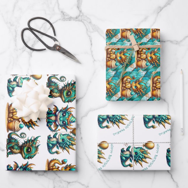 Cute Personalised Dragon Themed Birthday Wrapping Paper Sheet (Front)