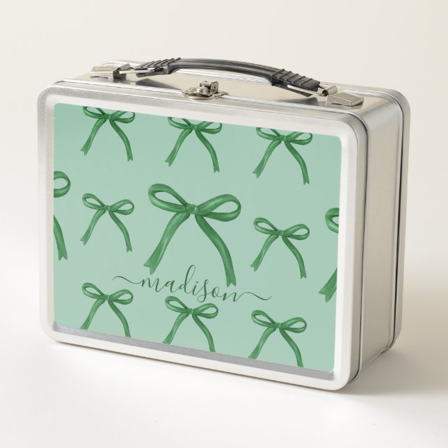 Cute personalised elegant green bow pattern  metal lunch box (Front)