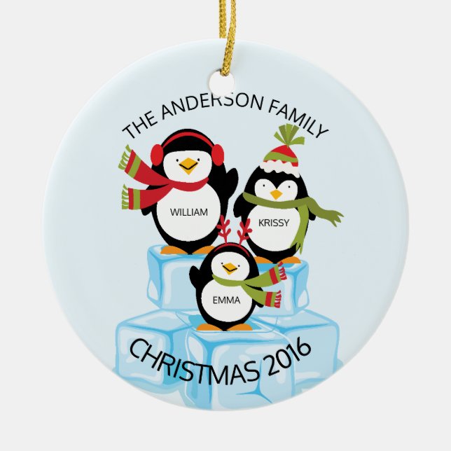 Cute Personalised Family Of 3 Penguins Christmas Ceramic Tree Decoration (Front)