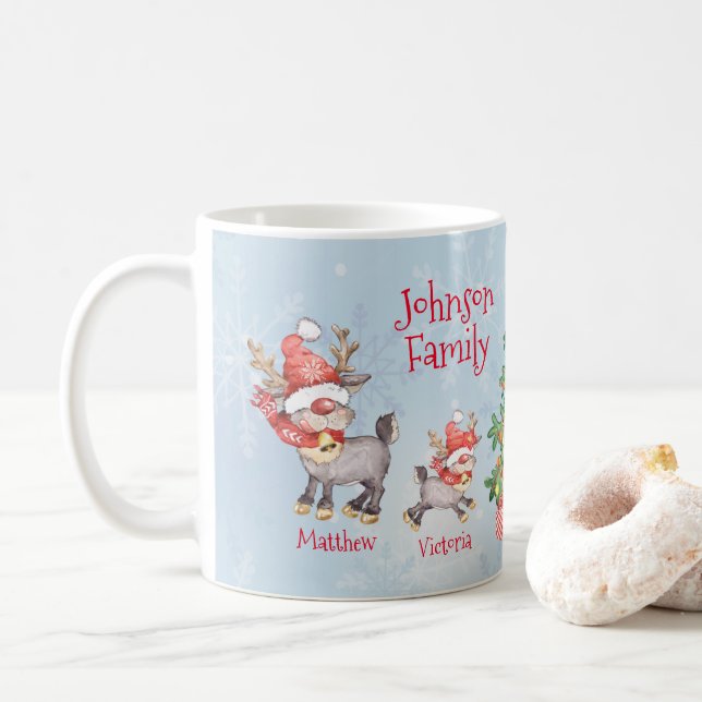 Cute Personalised Family of 4 Reindeer Christmas Coffee Mug (With Donut)