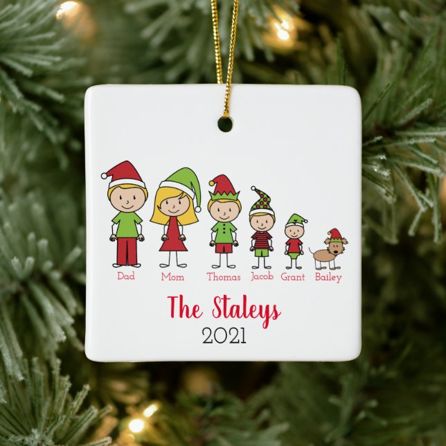 Cute Personalised Family With Dog Christmas Ceramic Ornament (Tree)