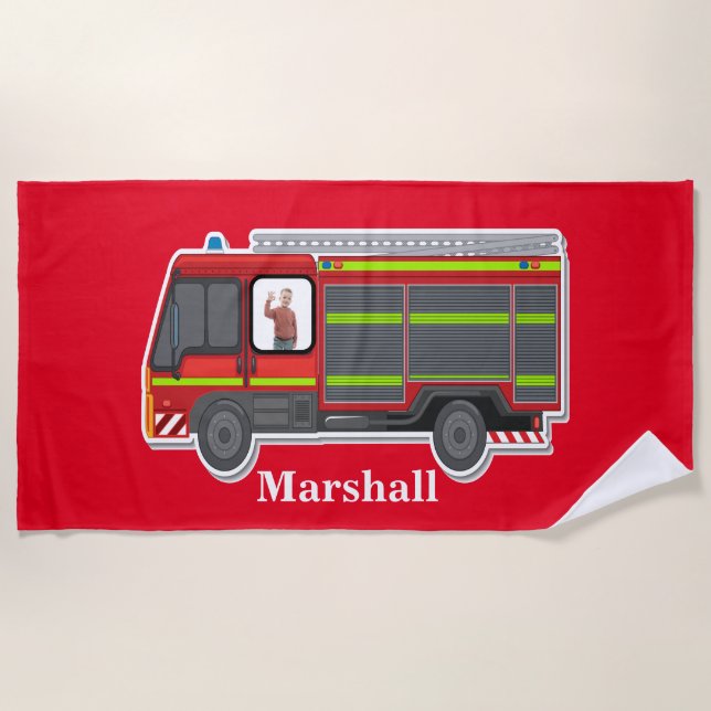 Cute  personalised fire engine kids  photo beach towel (Front)