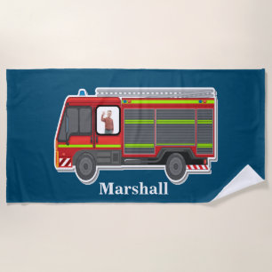 Cute personalised fire engine kids photo blue beach towel