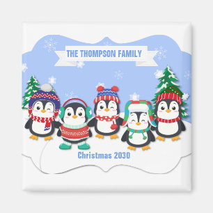 Cute Personalised Five Penguin Christmas Magnet
