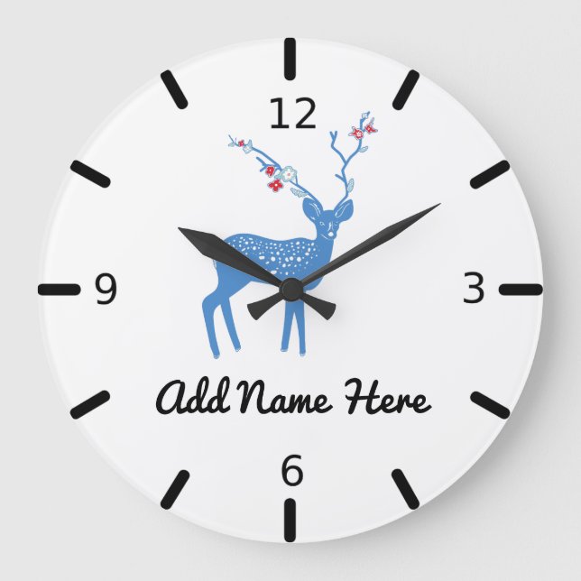 Cute Personalised Floral Deer Large Clock (Front)