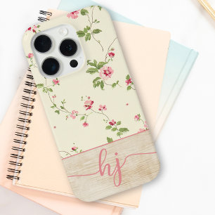 Cute Personalised Floral Wood Script Monogram iPhone 15 Pro Case
