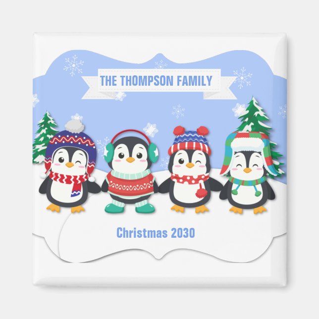 Cute Personalised Four Penguins Christmas Magnet (Front)