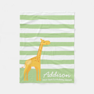 Cute Personalised Giraffe Jungle Mint Green Stripe Fleece Blanket