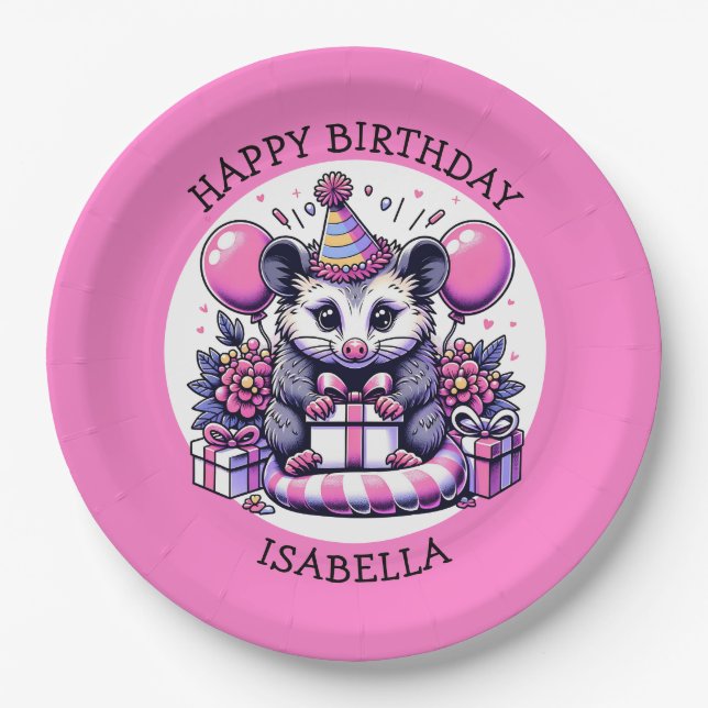 Cute Personalised Girl's Birthday Possum Paper Plate (Front)