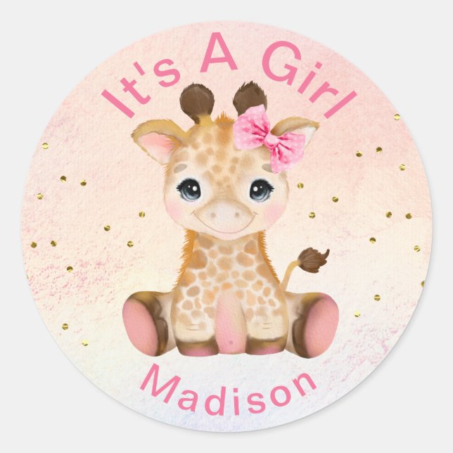 Cute Personalised Girls Pink Baby Giraffe Sticker (Front)