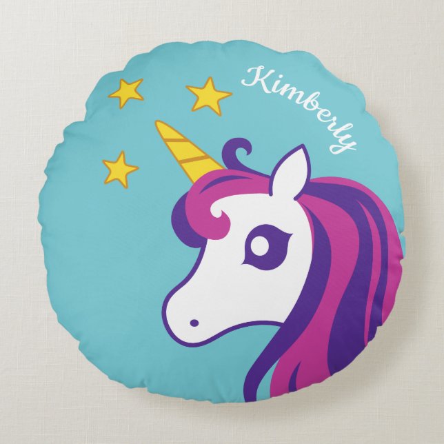 Cute personalised girly unicorn round throw pillow (Front)