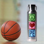 Cute Personalised Gym Teacher Peace Love P.E. Water Bottle<br><div class="desc">Peace Love P.E. water bottle. A cute custom PE teacher gift for a coach who teaches elementary school gym and physical education to students. A cool personalised gym teacher Christmas present.</div>