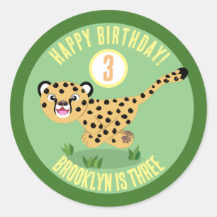 Cute personalised happy cheetah birthday cartoon classic round sticker