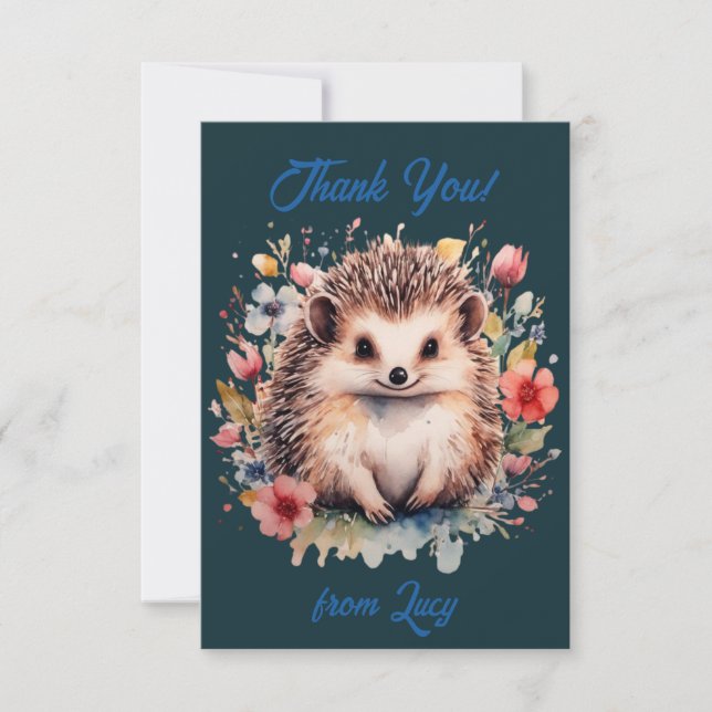 Cute Personalised Hedgehog  Thank You Card (Front)