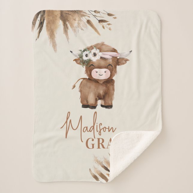 Cute Personalised Highland Cow Baby Blanket (Front)