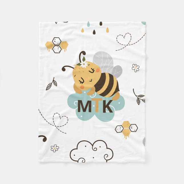 Cute Personalised Honey Bee Yellow Teal Grey  Fleece Blanket (Front)