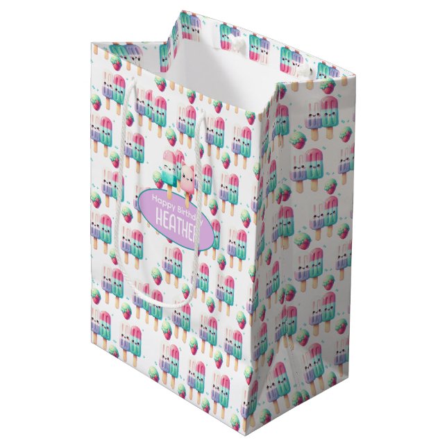 Cute Personalised IcePop Summer Birthday Girls Medium Gift Bag (Front Angled)