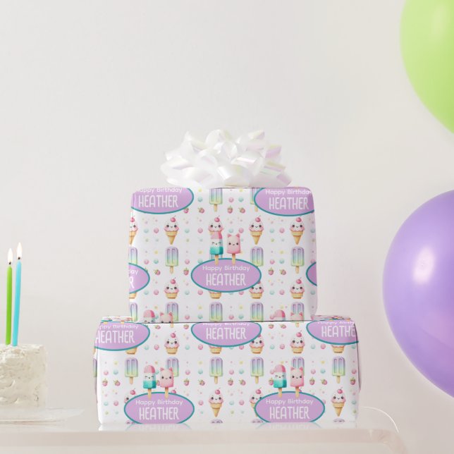 Cute Personalised IcePop Summer Birthday Girls Wrapping Paper (Party Gifts)