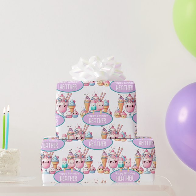 Cute Personalised IcePop Summer Birthday Girls Wrapping Paper (Party Gifts)