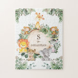Cute Personalised Jungle Safari Animals Monogram Jigsaw Puzzle<br><div class="desc">This trendy design features a group of cute safari animals and rustic watercolor botanical greenery. Personalise it with your child's name by clicking the "Personalise"button.</div>