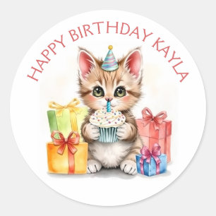 Cute Personalised Kitten in Birthday Hat Classic Round Sticker