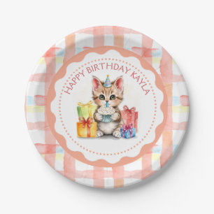 Cute Personalised Kitten in Birthday Hat  Paper Plate