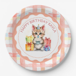 Cute Personalised Kitten in Birthday Hat Paper Plate