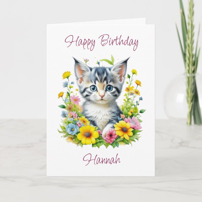 Cute Personalised Kitten in Flowers Birthday Card (Front)