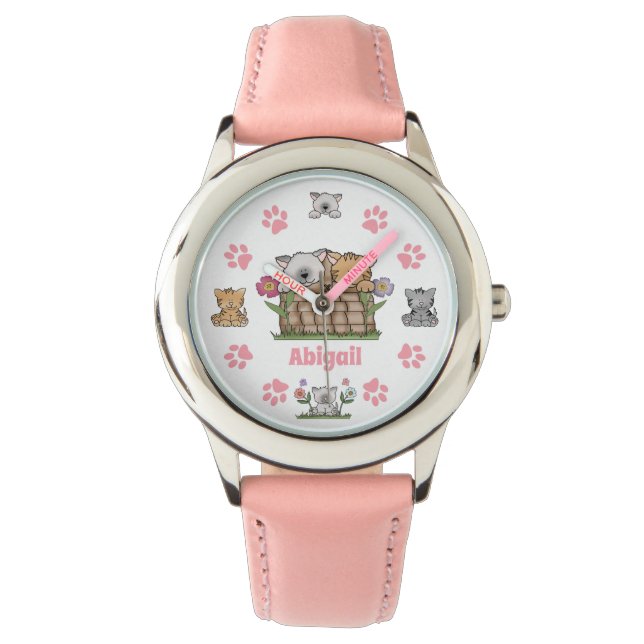 Cute Personalised Kittens, Cats and Paw Prints Watch (Front)