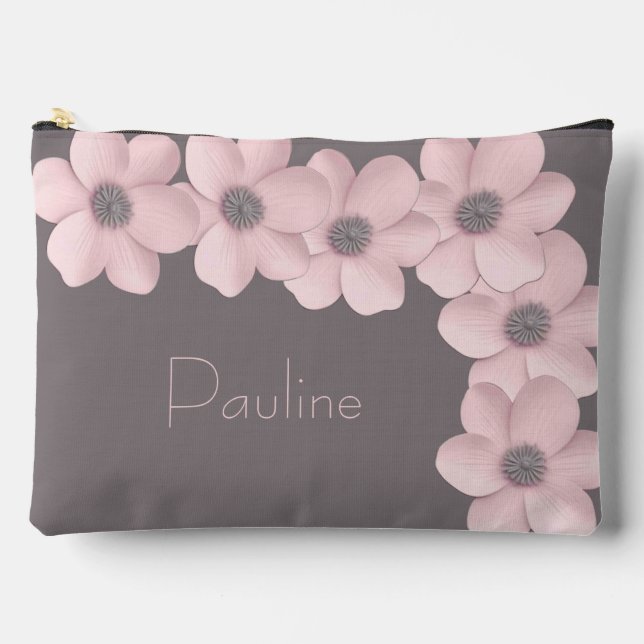 Cute Personalised Large Pink-Taupe Poppy Accessory Pouch (Front)