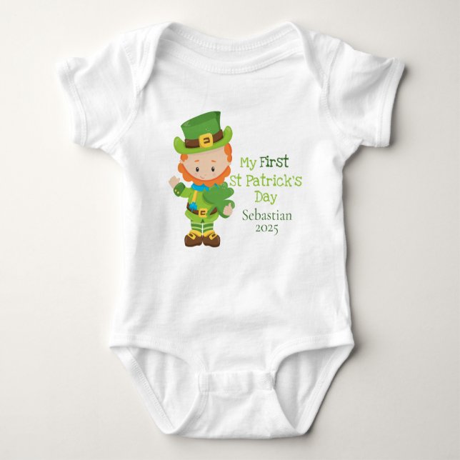 Cute Personalised Leprechaun First St Patricks Day Baby Bodysuit (Front)