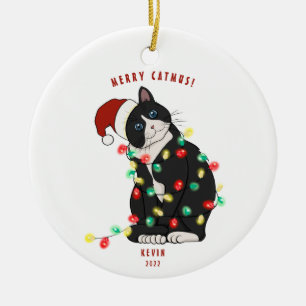 Cute Personalised Merry CatMus Funny Christmas Ceramic Tree Decoration
