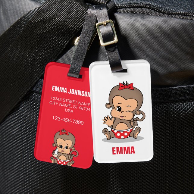 Cute Personalised Monkey Girl Luggage Tag (Waving) (Creator Uploaded)
