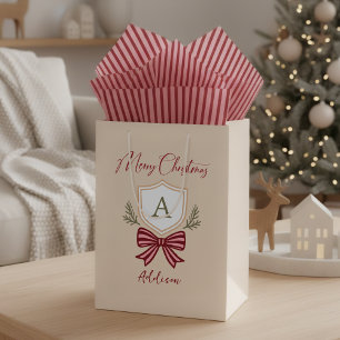 Cute Personalised Monogram Crest Bow Christmas Medium Gift Bag