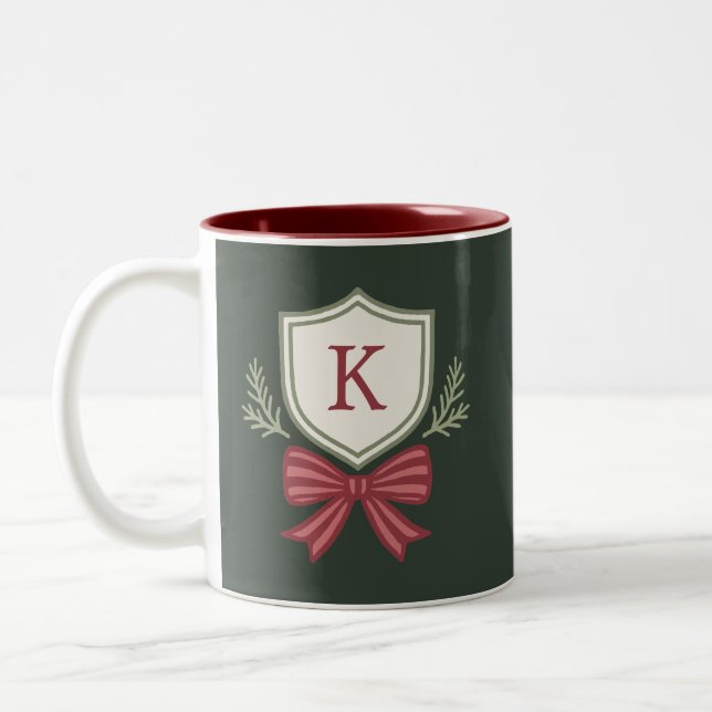 Cute Personalised Monogram Initial Bow Christmas Two-Tone Coffee Mug (Left)