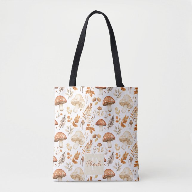 Cute Personalised Mushrooms and Leaves Fall Tote Bag (Front)