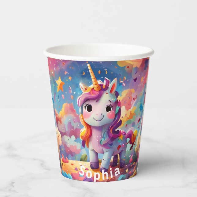 cute personalised name birthday colourful unicorn  paper cups (Back)