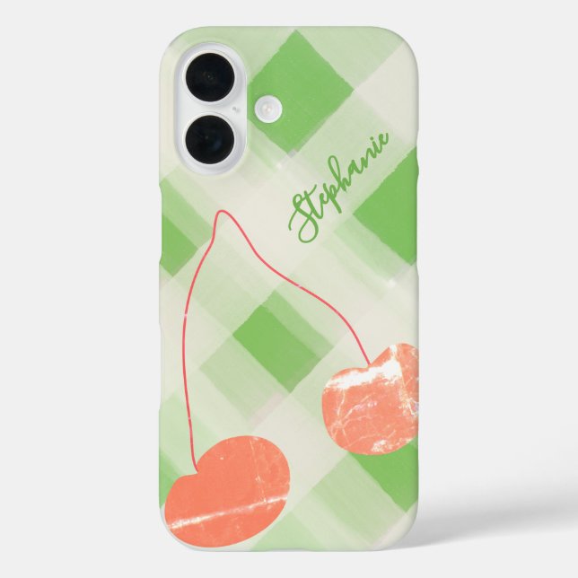 Cute Personalised Name Gingham Green Cream Cherry  Case-Mate iPhone Case (Back)