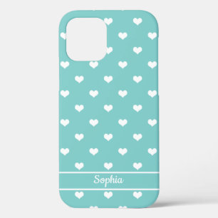 Cute personalised name hearts pattern turquoise iPhone 12 case